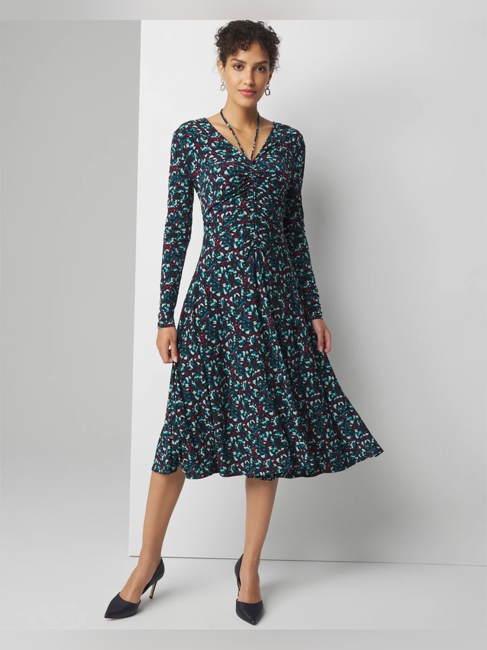 WHBM Long Sleeve Ruched Front Midi Dress